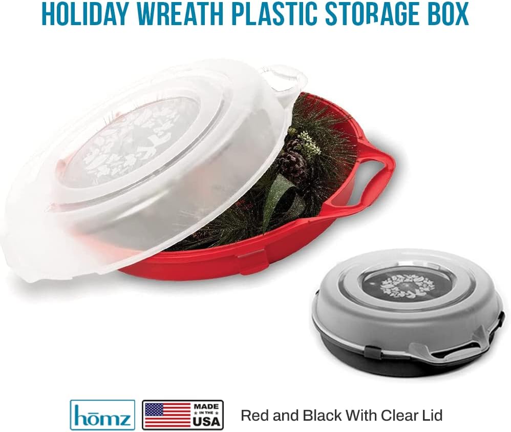 HOMZ 3-Pack Seasonal Holiday Decorative Wreath Storage Organizer. 24 Inch. Red & Clear - Round Plastic Christmas Decoration Holder for Wreaths and Garlands w/ 4-Way Latches Built-In Handle - Image 8