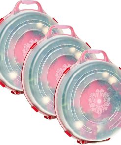 HOMZ 3-Pack Seasonal Holiday Decorative Wreath Storage Organizer. 24 Inch. Red & Clear - Round Plastic Christmas Decoration Holder for Wreaths and Garlands w/ 4-Way Latches Built-In Handle