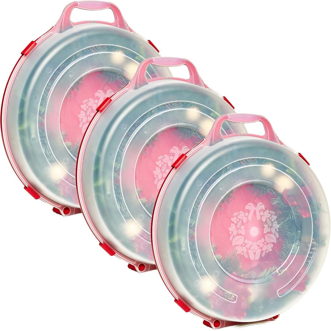 HOMZ 3-Pack Seasonal Holiday Decorative Wreath Storage Organizer. 24 Inch. Red & Clear - Round Plastic Christmas Decoration Holder for Wreaths and Garlands w/ 4-Way Latches Built-In Handle