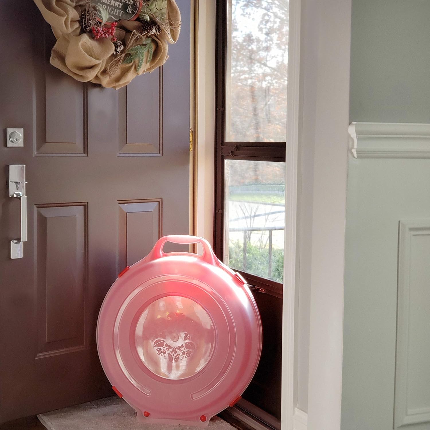 HOMZ 3-Pack Seasonal Holiday Decorative Wreath Storage Organizer. 24 Inch. Red & Clear - Round Plastic Christmas Decoration Holder for Wreaths and Garlands w/ 4-Way Latches Built-In Handle - Image 12